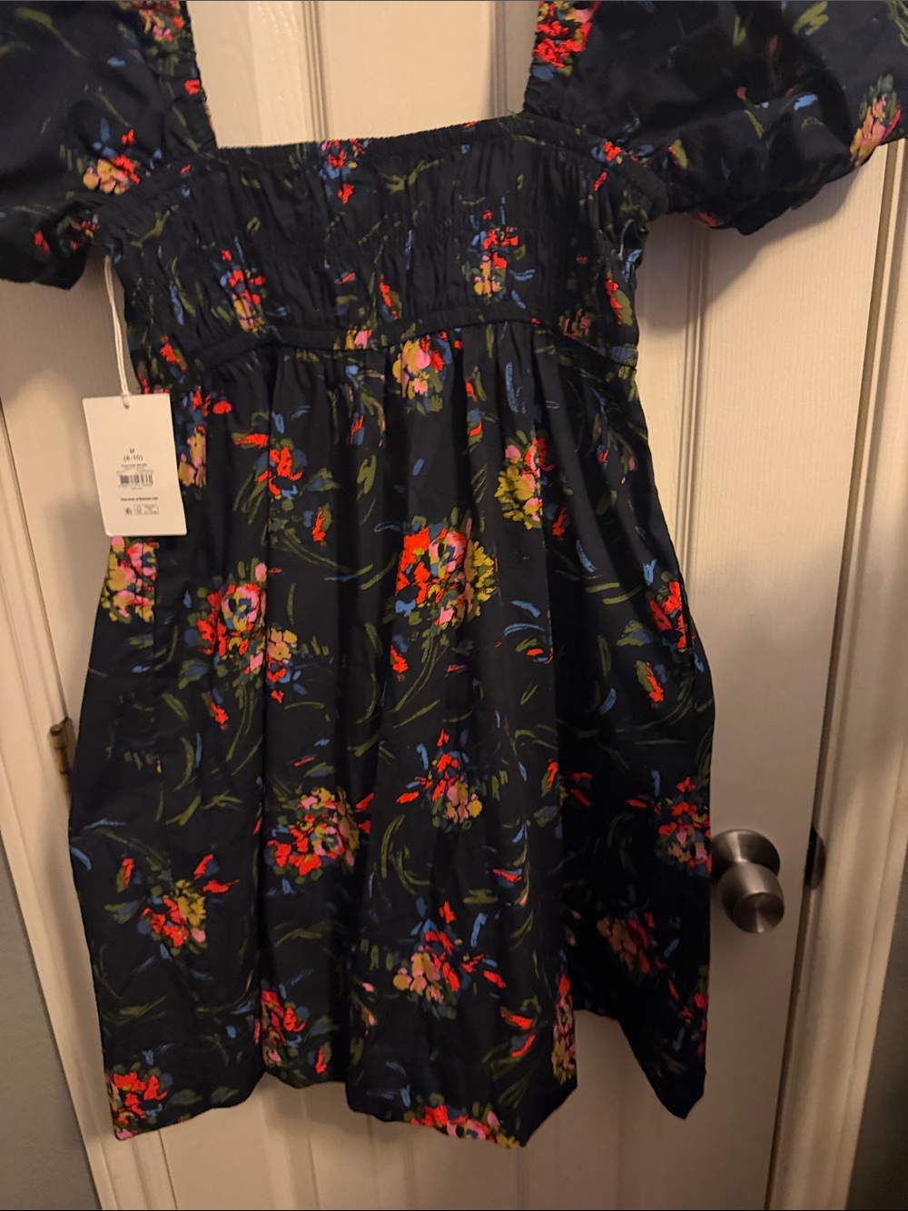 Navy Floral Square-Neck Mini Dress with Smocked Bodice - Picture 11 of 16